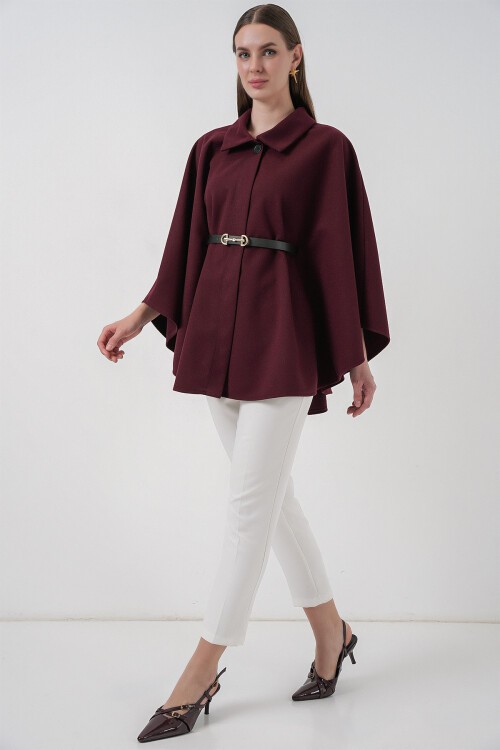 Kadın Kemerli Kaşe Panço 9170 - Mürdüm