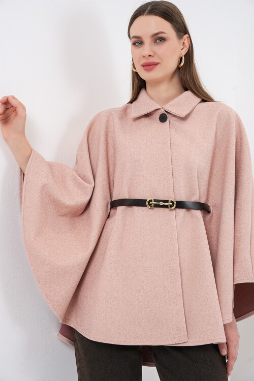 Kadın Kemerli Kaşe Panço 9170 - Pudra