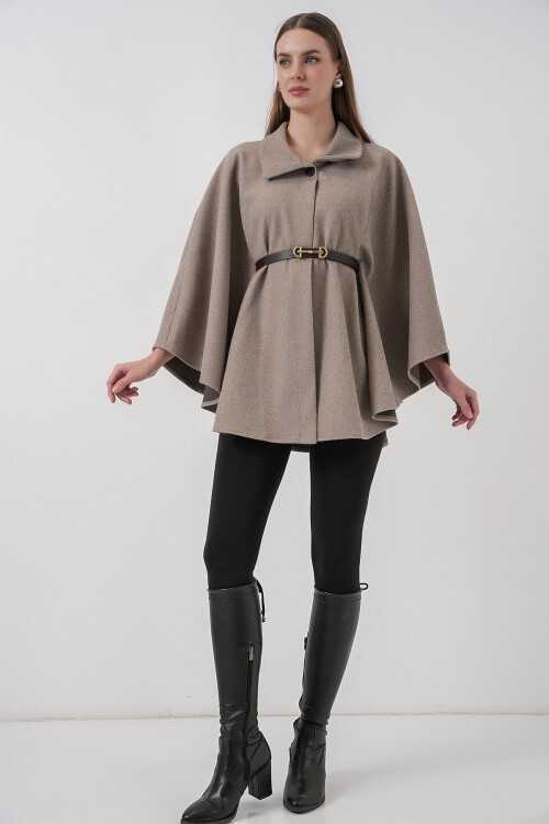 Kadın Kemerli Kaşe Panço 9170 - Taş