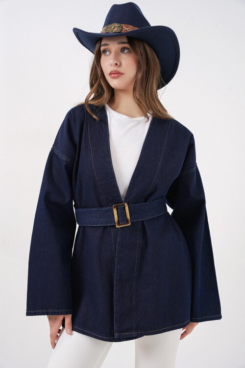 Kadın Kemerli Kot Ceket Tunik 5985 - Lacivert