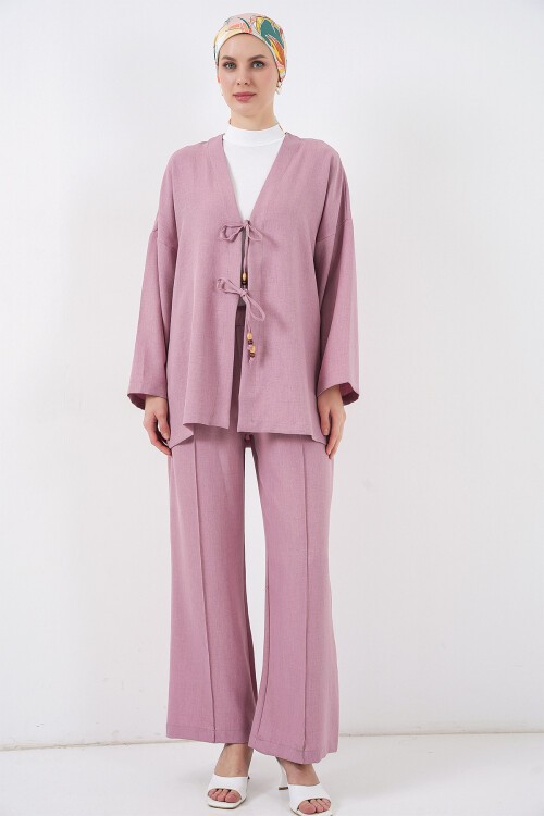 Kadın Keten Kimono İkili Takım 6727 - Gül Kurusu