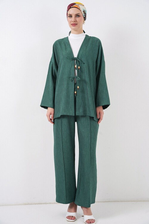 Kadın Keten Kimono İkili Takım 6727 - Zümrüt Yeşili
