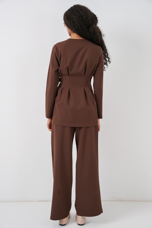 Kadın Kimono Pantolon Kumaş Takım 30054 - Kahverengi