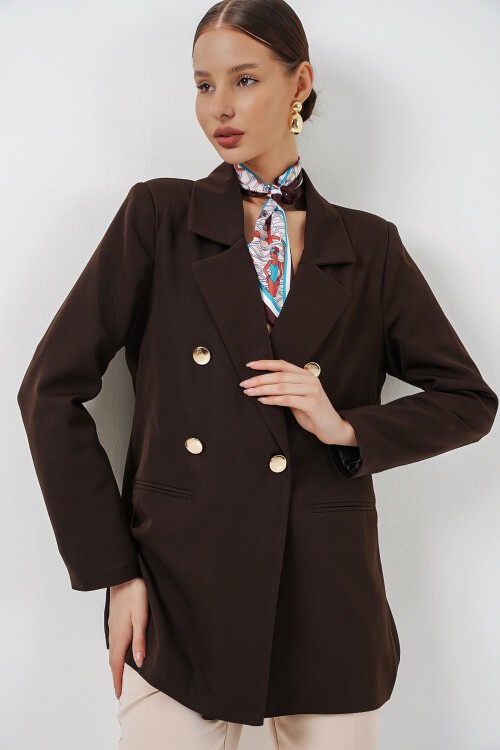 Kadın Kruvaze Yaka Blazer Ceket 0722 - Kahverengi