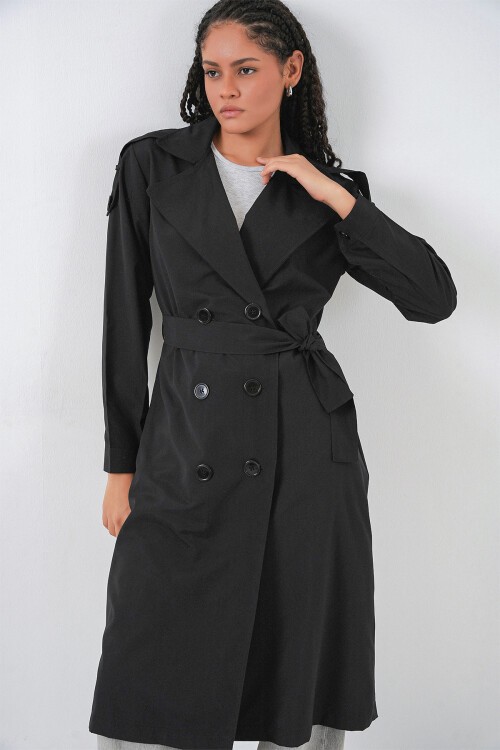 Kadın Kruvaze Yaka Trençkot 5978 - Siyah