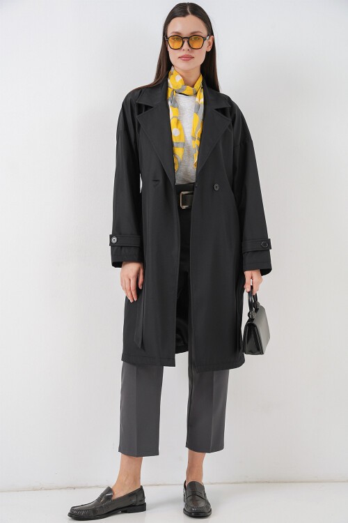 Kadın Kruvaze Yaka Trençkot 5987 - Siyah