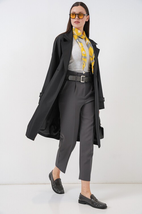 Kadın Kruvaze Yaka Trençkot 5987 - Siyah