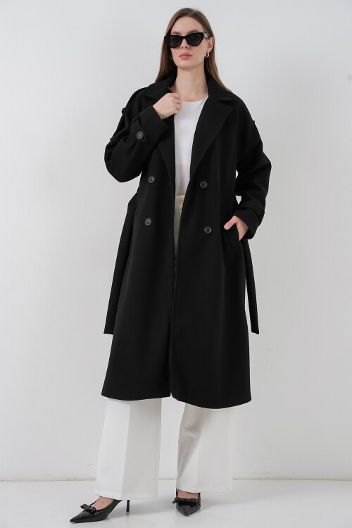 Kadın Kuşaklı Kaşe Kaban 9161 - Siyah