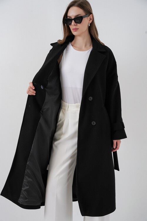 Kadın Kuşaklı Kaşe Kaban 9161 - Siyah