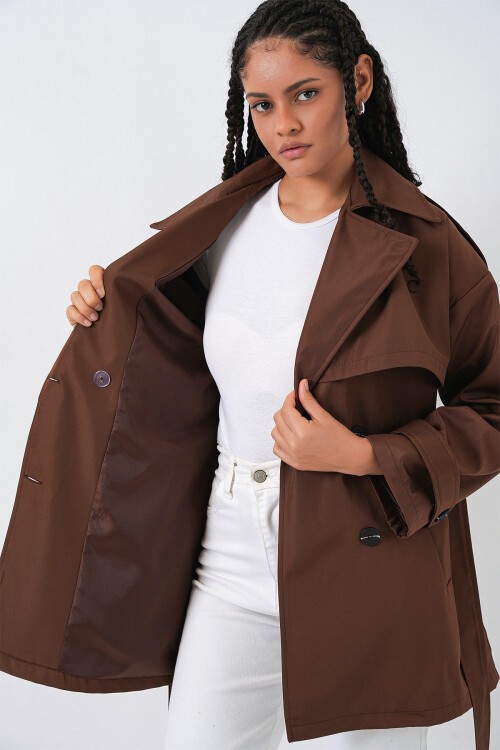 Kadın Kuşaklı Kısa Trençkot 5974 - Kahverengi