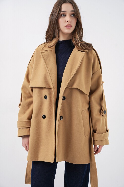 Kadın Kuşaklı Oversize Kaşe Kaban 9157 - Hardal