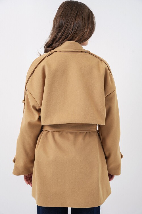 Kadın Kuşaklı Oversize Kaşe Kaban 9157 - Hardal