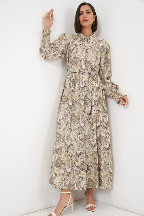 Kadın Kuşaklı Tesettür Elbise 2589 - Bej