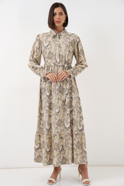 Kadın Kuşaklı Tesettür Elbise 2589 - Bej