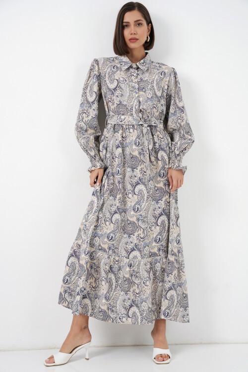 Kadın Kuşaklı Tesettür Elbise 2589 - Taş