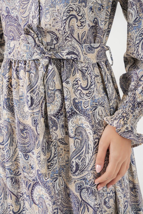 Kadın Kuşaklı Tesettür Elbise 2589 - Taş