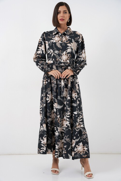 Kadın Kuşaklı Tesettür Elbise 2589 - Y.Siyah