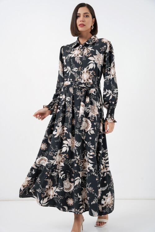 Kadın Kuşaklı Tesettür Elbise 2589 - Y.Siyah