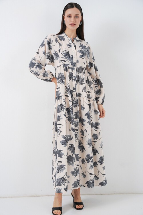 Kadın Lilyum Kumaş Uzun Tesettür Elbise 2593 - Gri