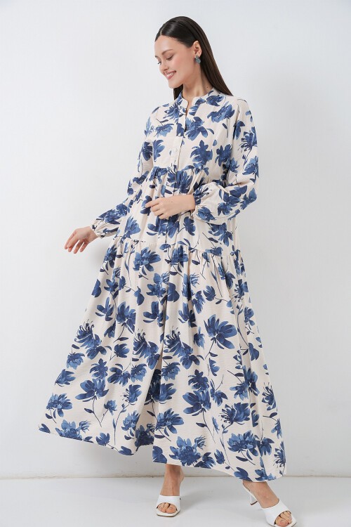 Kadın Lilyum Kumaş Uzun Tesettür Elbise 2593 - İndigo