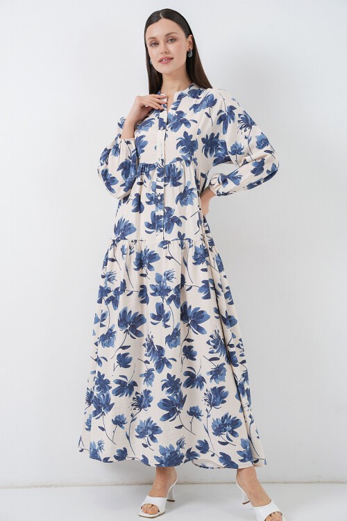 Kadın Lilyum Kumaş Uzun Tesettür Elbise 2593 - İndigo