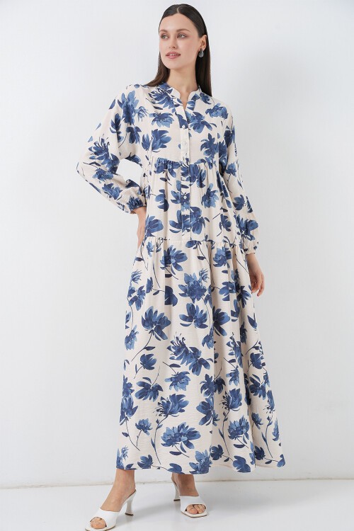 Kadın Lilyum Kumaş Uzun Tesettür Elbise 2593 - İndigo