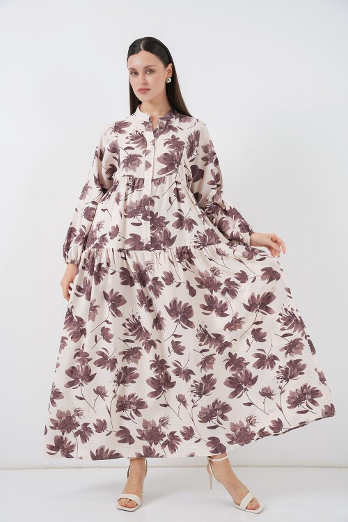 Kadın Lilyum Kumaş Uzun Tesettür Elbise 2593 - Kahverengi