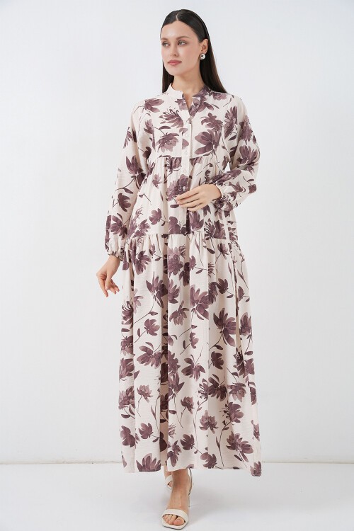 Kadın Lilyum Kumaş Uzun Tesettür Elbise 2593 - Kahverengi