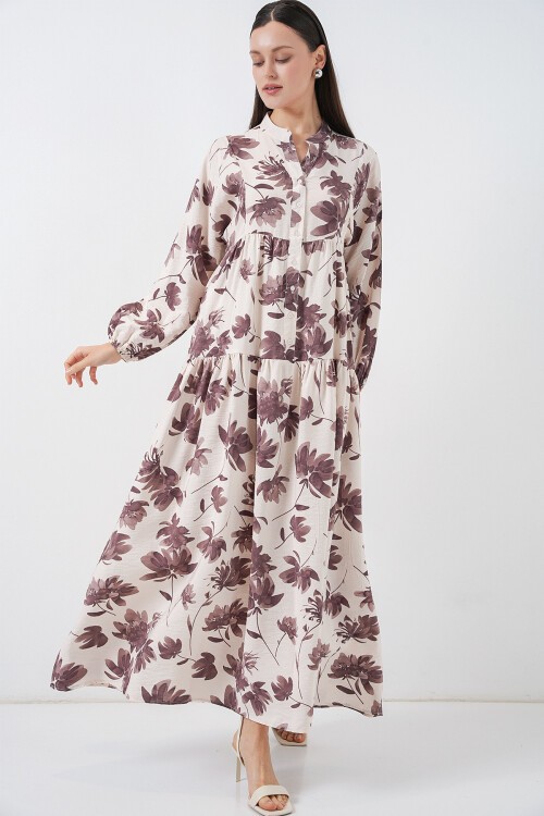 Kadın Lilyum Kumaş Uzun Tesettür Elbise 2593 - Kahverengi