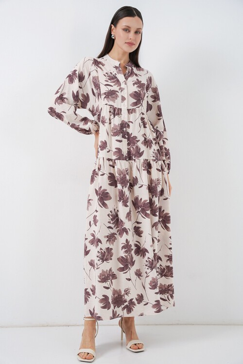 Kadın Lilyum Kumaş Uzun Tesettür Elbise 2593 - Kahverengi