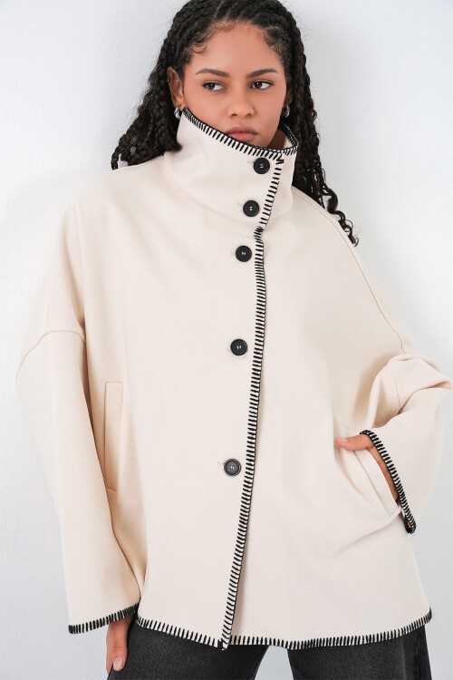 Kadın Nakışlı Kaşe Ceket 9167 - Ekru