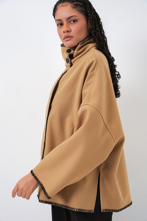 Kadın Nakışlı Kaşe Ceket 9167 - Hardal