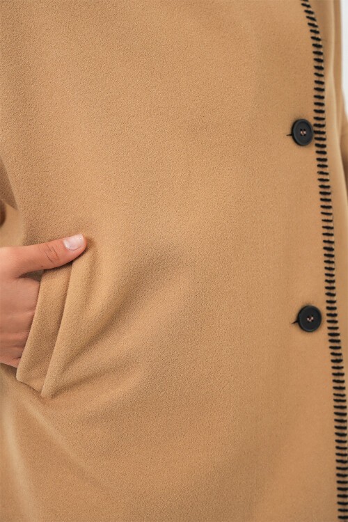 Kadın Nakışlı Kaşe Ceket 9167 - Hardal