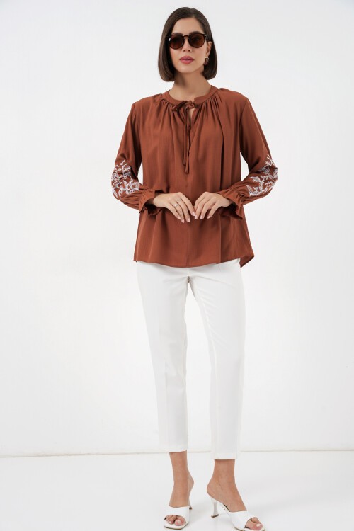 Kadın Nakışlı Örme Bluz 941 - Kiremit