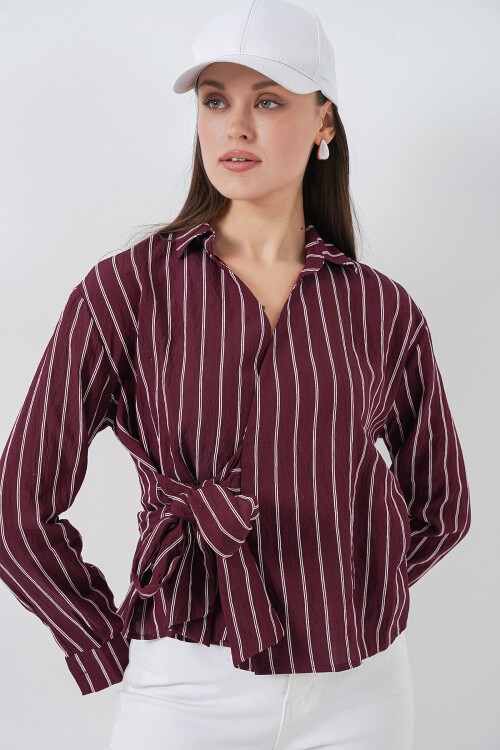 Kadın Önü Bağlamalı Çizgili Gömlek 20362 - Bordo