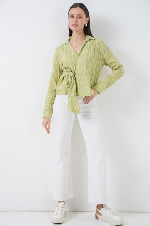 Kadın Önü Bağlamalı Çizgili Gömlek 20362 - E.Yeşil