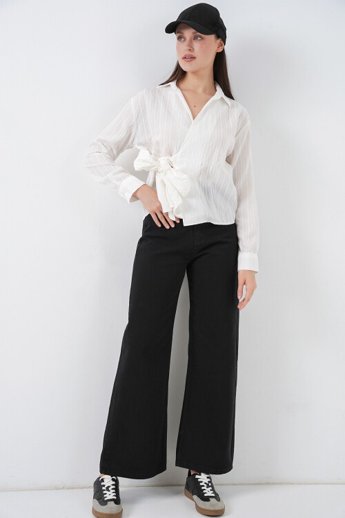 Kadın Önü Bağlamalı Çizgili Gömlek 20362 - Ekru