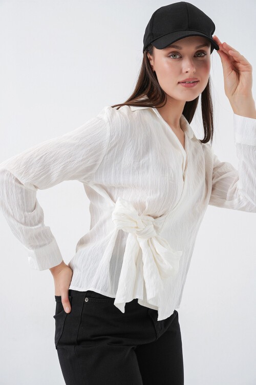 Kadın Önü Bağlamalı Çizgili Gömlek 20362 - Ekru