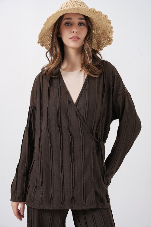 Kadın Örme Kimono Pantolon İkili Takım 30067 - Kahverengi