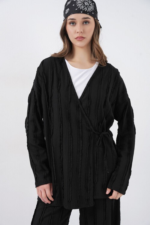 Kadın Örme Kimono Pantolon İkili Takım 30067 - Siyah