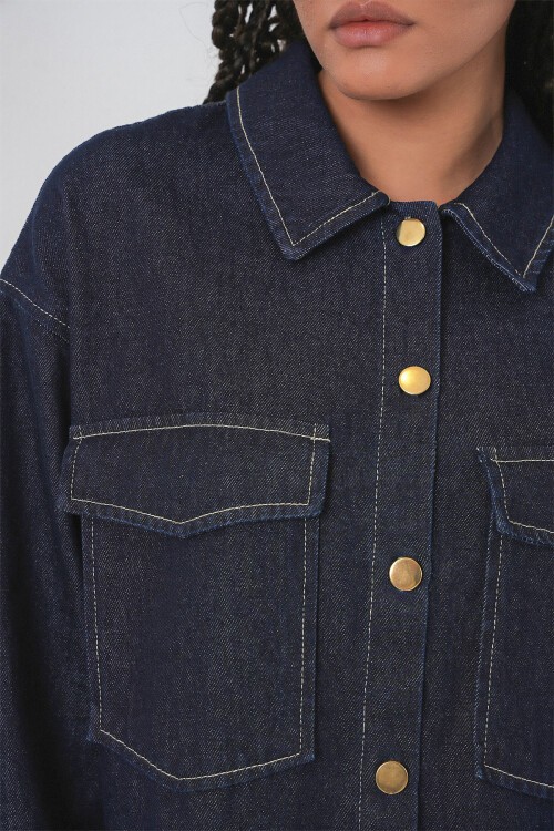 Kadın Oversize Çift Cepli Kot Gömlek 20364 - Koyu Mavi