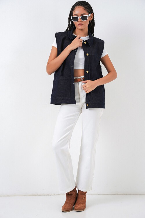 Kadın Oversize Çift Cepli Kot Yelek 6810 - Koyu Mavi