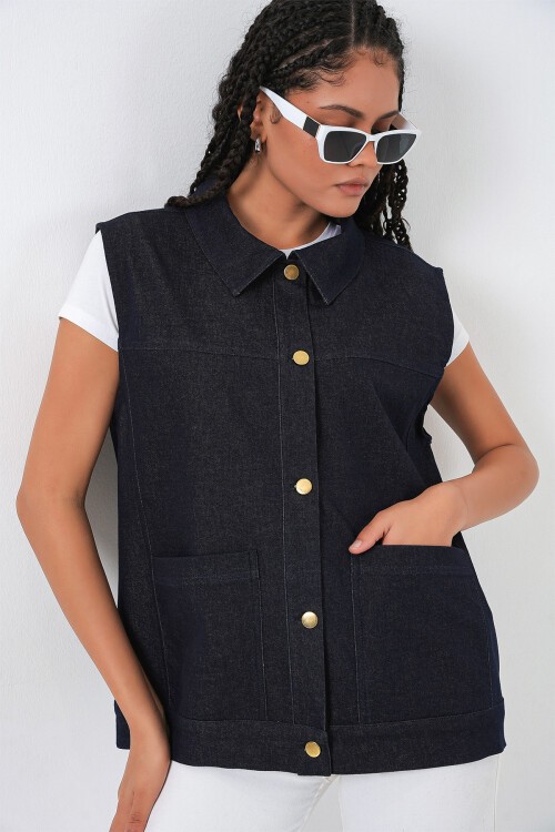 Kadın Oversize Çift Cepli Kot Yelek 6810 - Koyu Mavi