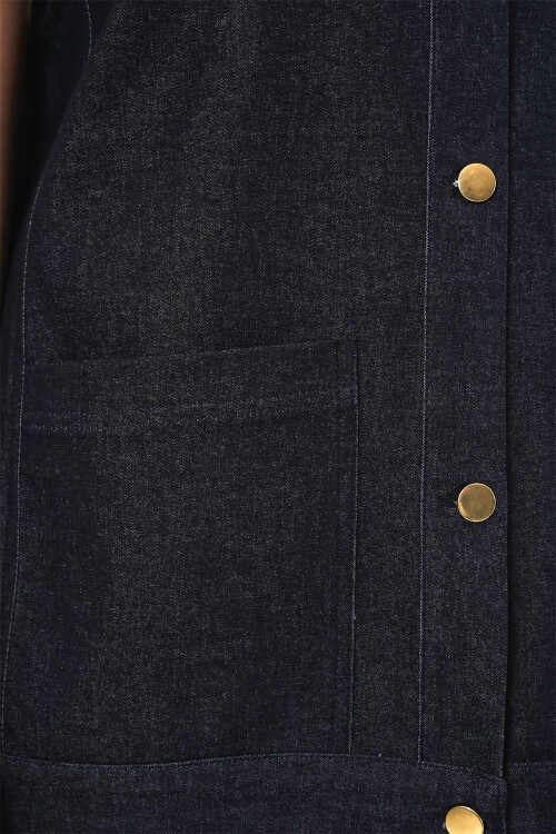 Kadın Oversize Çift Cepli Kot Yelek 6810 - Koyu Mavi