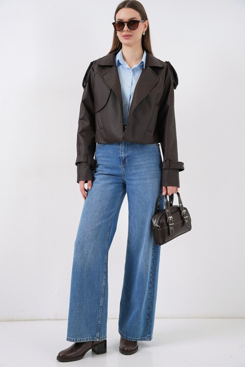 Kadın Oversize Deri Mont Ceket 1047 - Kahverengi