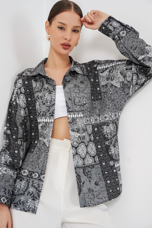 Kadın Oversize Desenli Saten Gömlek 20365 - Antrasit