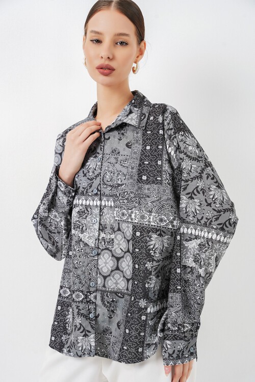 Kadın Oversize Desenli Saten Gömlek 20365 - Antrasit
