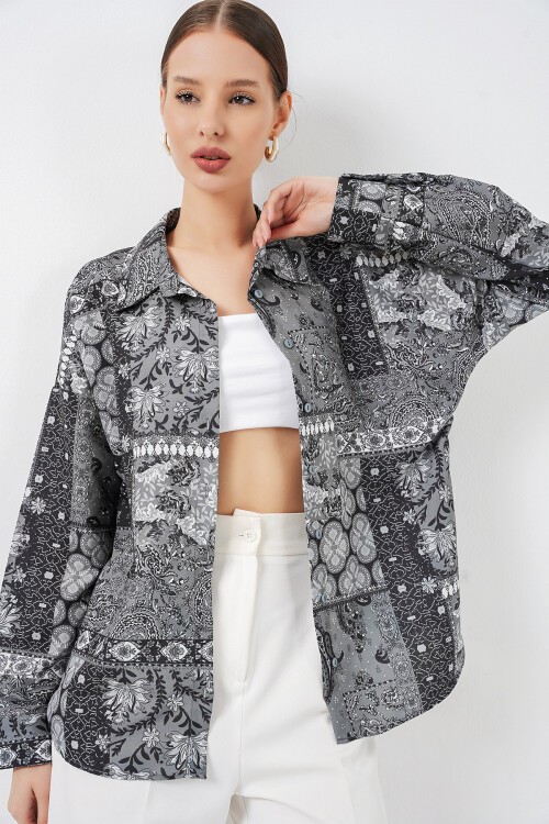 Kadın Oversize Desenli Saten Gömlek 20365 - Antrasit