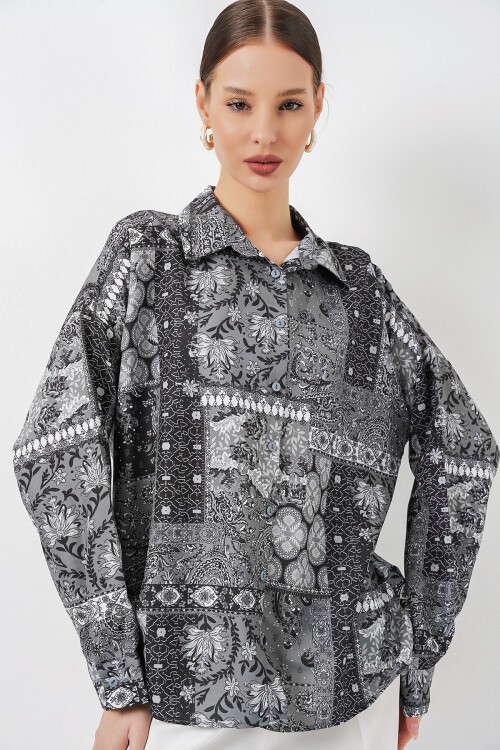 Kadın Oversize Desenli Saten Gömlek 20365 - Antrasit