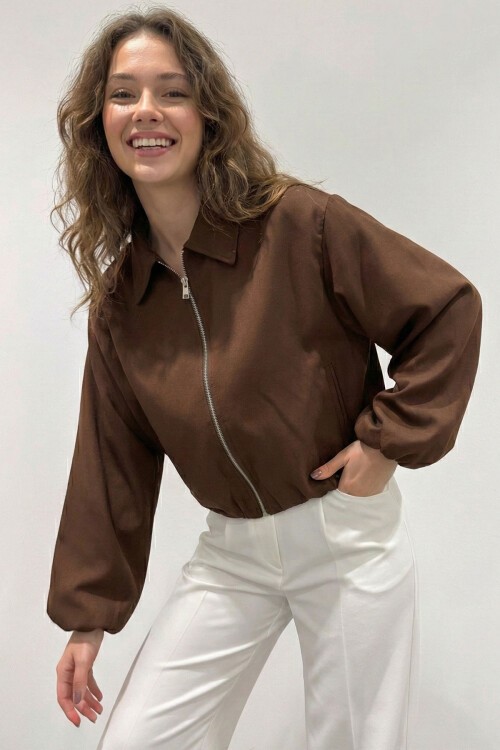 Kadın Oversize Fermuarlı Ceket 0735 - Kahverengi